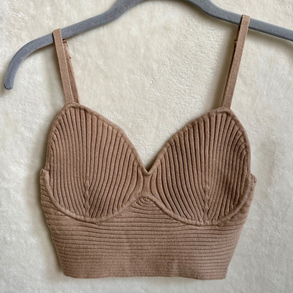 Say What Sz S Taupe Ribbed Knit Crop Bustier V-Neck Spaghetti Strap Top Y2K